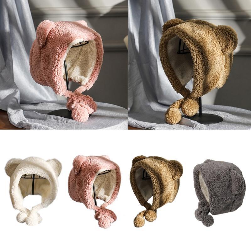X6HE Winter Beanie Hat for Women Warm Thicken Faux Fleece Plush Hat Bear Ears Outdoor Skull Earflap Trapper Cap