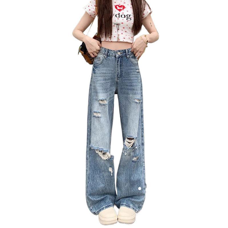 Versatile Washed Wide Leg Ripped Jeans for Women Autumn Plus Size Loose Jeans