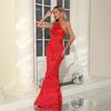 Elegant Red Halter Neck Evening Dress with Embroidered Detail
