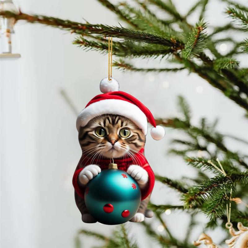 3D Acrylic Cartoon Cat Pendant Holiday Christmas Tree Ornaments 1pcs Xmas Gift Box Car Swinging Pendant Car Interior Decoration