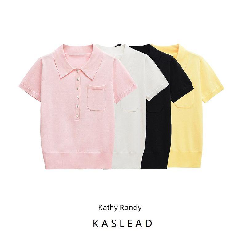 Kaslead New Arrival Women's Fashion Style Stylish Simple and Versatile Blended Thin Needle Polo Shirt 9598047
