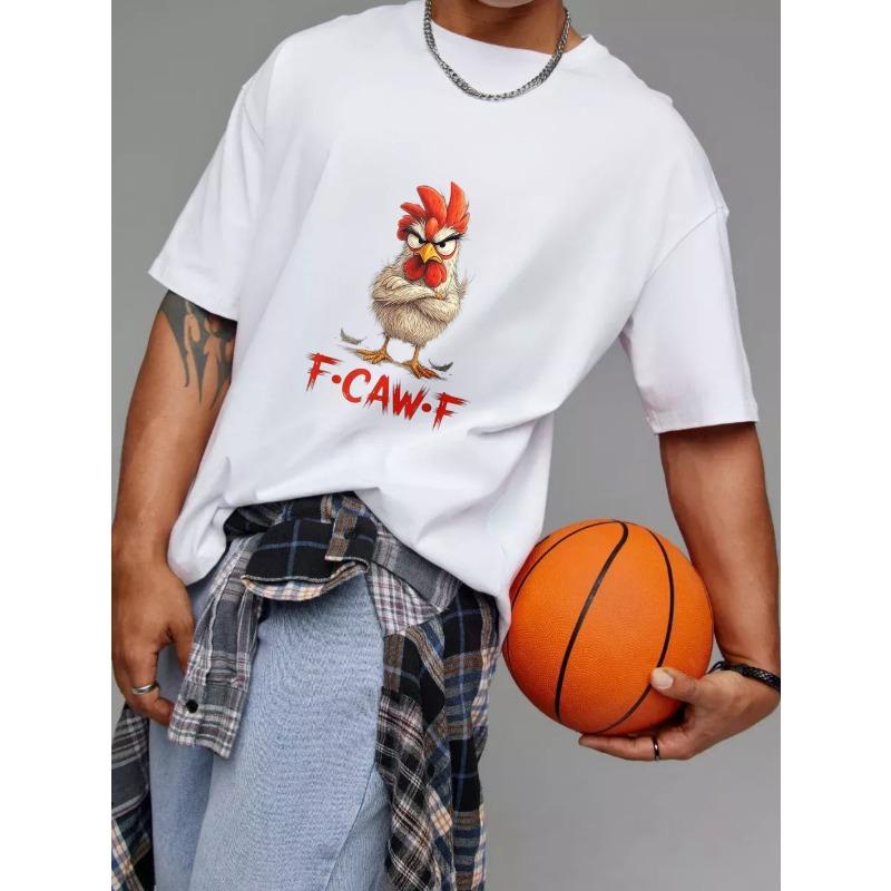 White T Shirt with Angry Rooster and F Caw F Print for Casual Wear