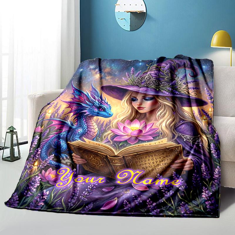 1PC Custom Name Witch Dragon Magic blanket versatile,all-season throw suitable for the living room,bedroom,camping,travel,and gift