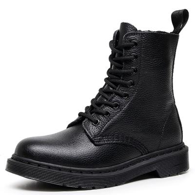 Botas de trabajo con patrón de lichi para mujer, capa superior de piel de vaca suave, botines negro puro, botas de cuero británico para motocicleta, tendencia de punta redonda