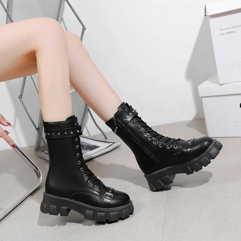 Fashion Fashion Large Size Women's Thick-soled Boots 2024 New Rivet Decoration Handsome Girl High-top Motorcycle Boots Botas De Mujer