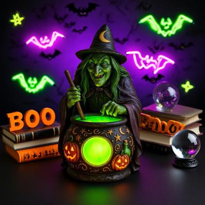 Halloween Witch Cauldron Lamp with Eerie Green Glow LED Landscape Light Spooky Witch Brewing Pot Light for Living Room Bedroom Office