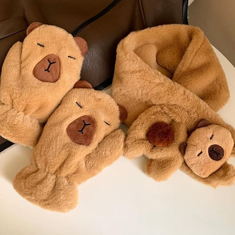 Lovely Plush Capybara Cartoon Scarf and Glove Set for Warmth Stylish Winter Wear Handwear and Neck Gaiter for Women Kids