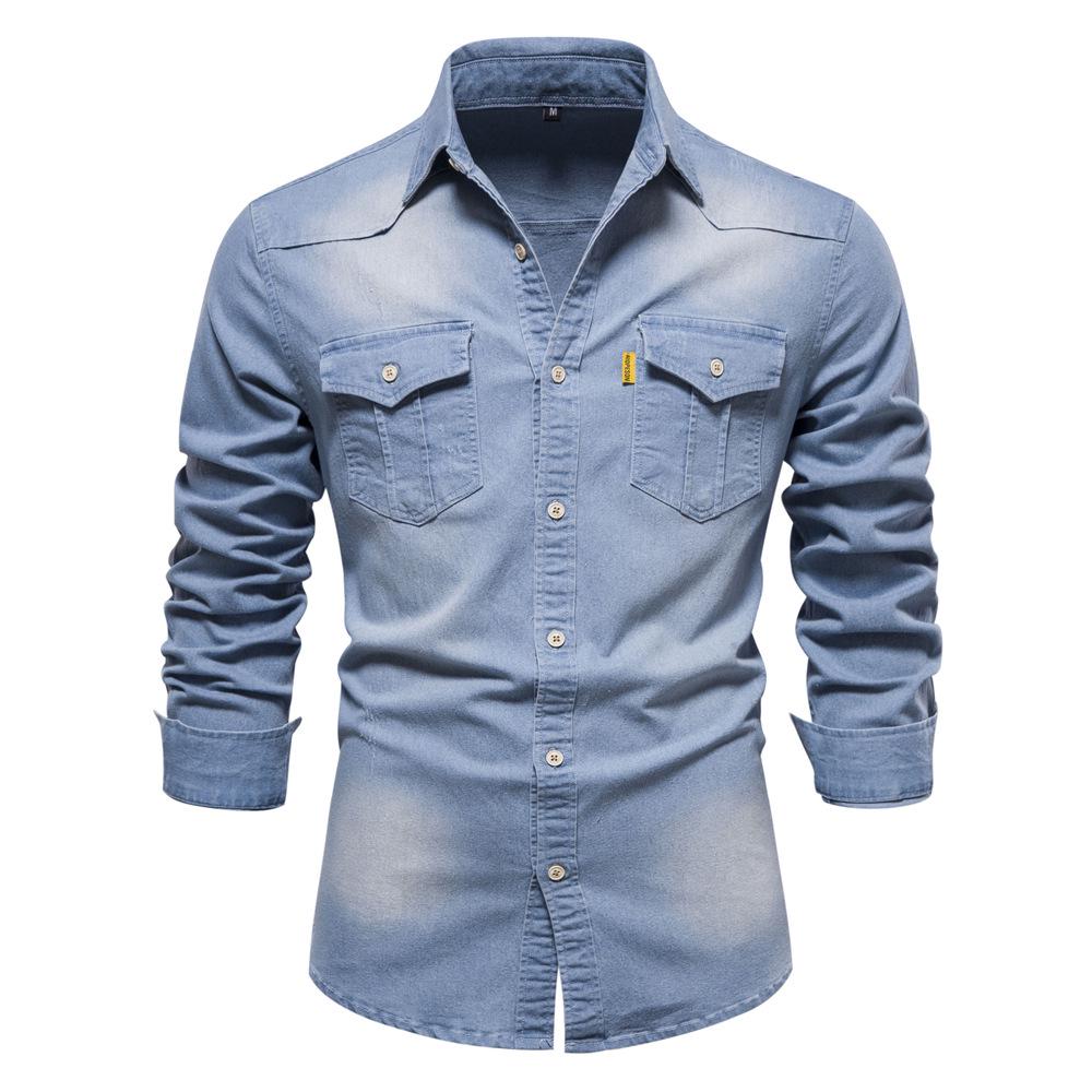 2026 Men's European Size Casual Solid Color Denim Long-Sleeve Shirt In Stock