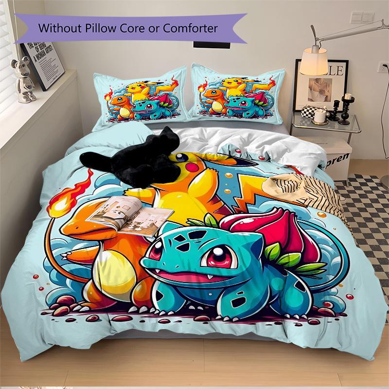 3pcs The Legendary Starters of Pokémon Print Bedding Set (1 Cover + 2 Pillowcases, Without Inserts), This Printed Bedding Set is Soft and