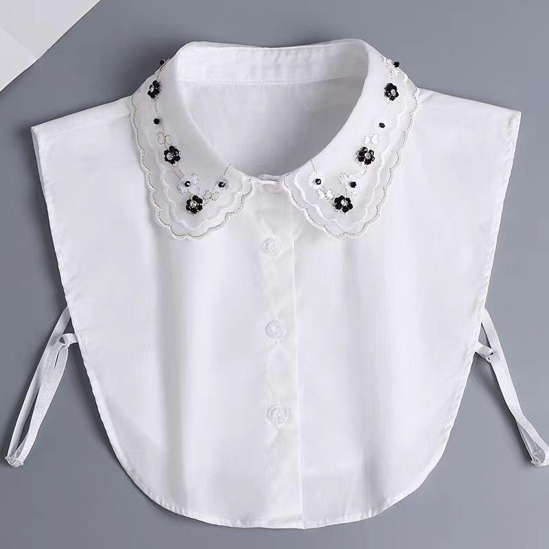 Women's Handmade Beads Floral Shirt Detachable Pointed Neck Fake Collar Neckwear Ties Half Shirt Style Cotton Fake Collar