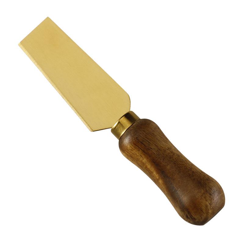 Stainless Steel Gold Cheese Knife with Acacia Wood Handle, Fork, and Spatula Utensils Set