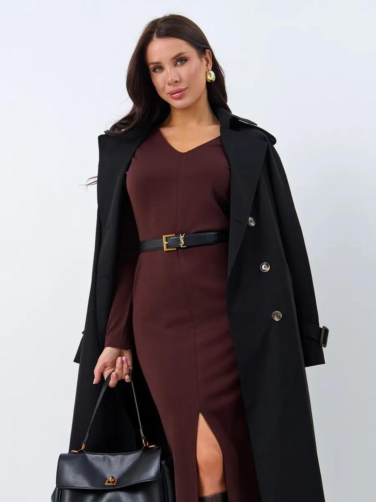 European & American Women's V-Neck Slim Fit Long Sleeve Midi Dress