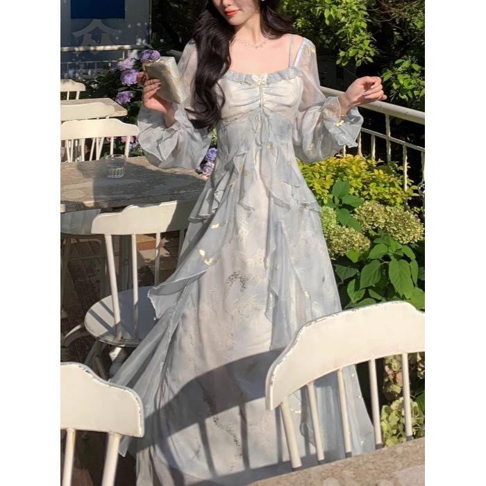 French super fairy smudged mist square collar floral dress women's gentle wind temperament butterfly lotus leaf edge skirt European and American