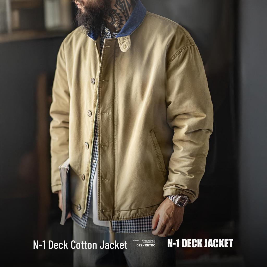 Maden Workwear Men's American Retro N1 Deck Jacket – Warm Stand Collar Cotton Jacket for Autumn and Winter