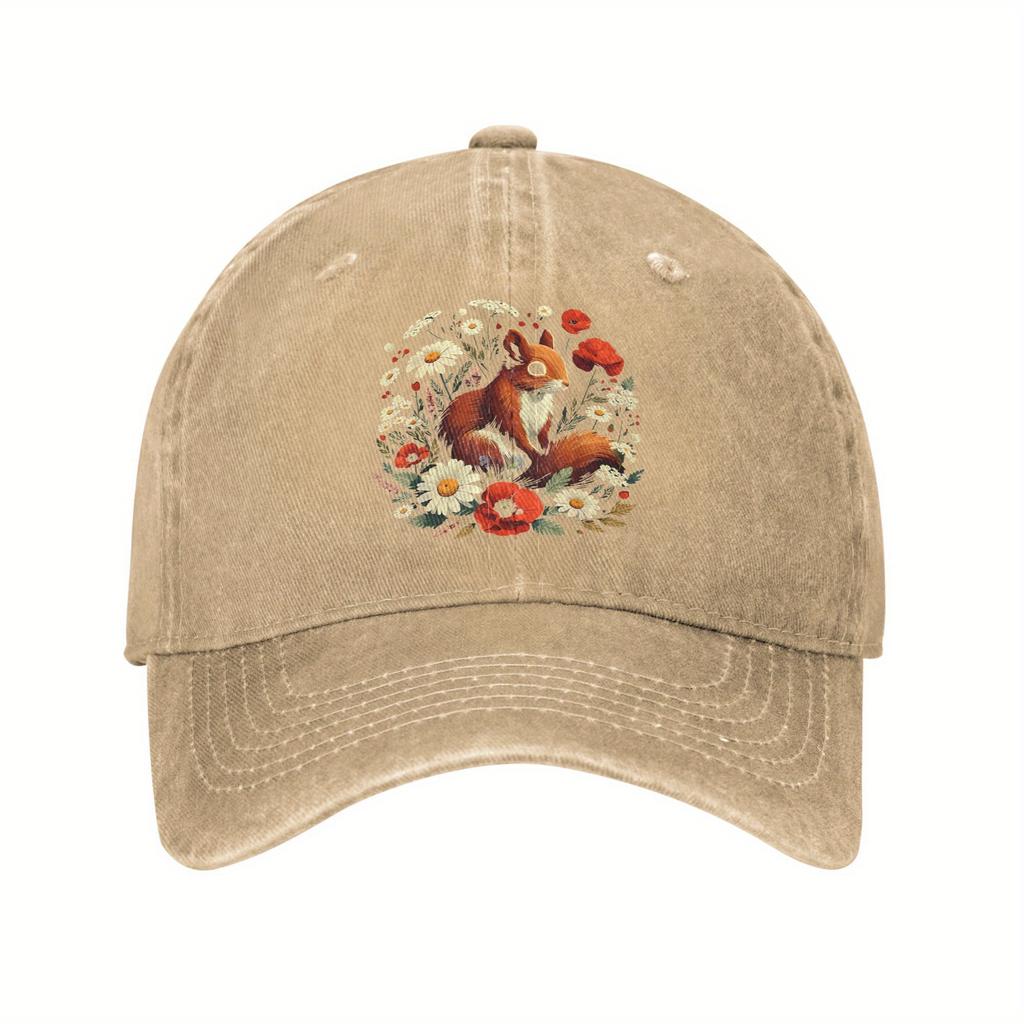 Cottagecore Squirrel Floral Print Baseball Cap Aesthetic Wildflower Adjustable Washed Casual Cap for Unisex
