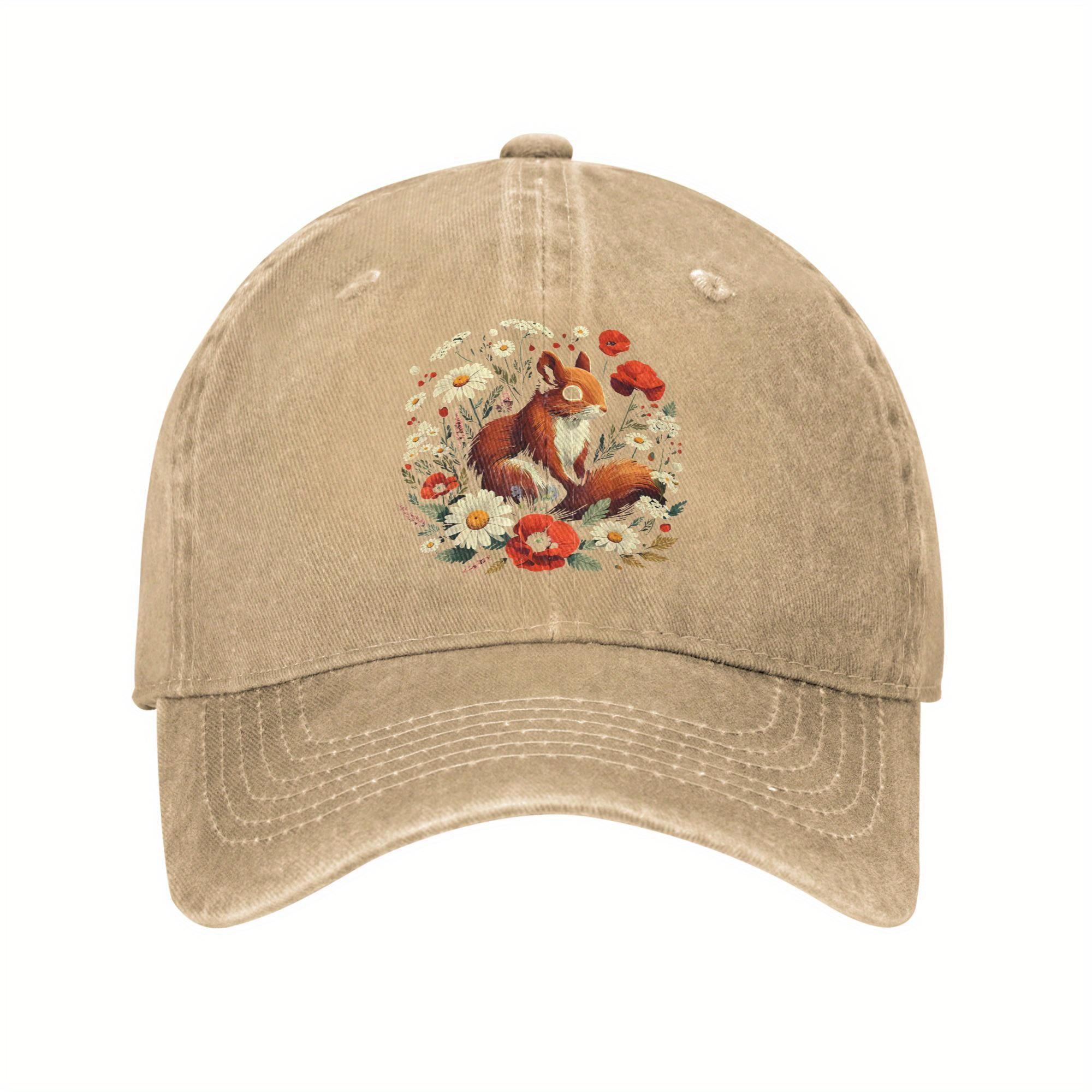 

Cottagecore Squirrel Floral Print Baseball Cap Aesthetic Wildflower Adjustable Washed Casual Cap for Unisex One Size