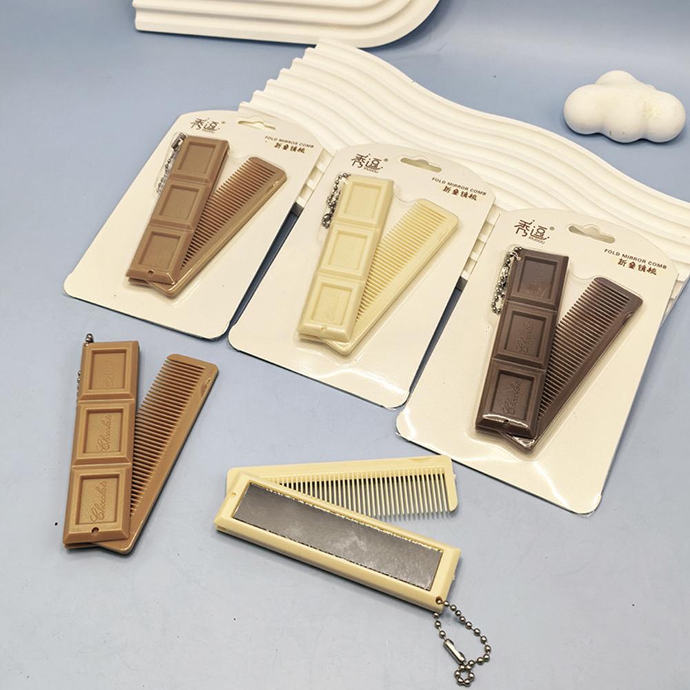 2-in-1 tragbarer faltbarer Kamm schokoladenförmiger Mini-Kompakt-Haarkamm mit Spiegel kreative Reise-Haarglättungs-Styling-Werkzeuge