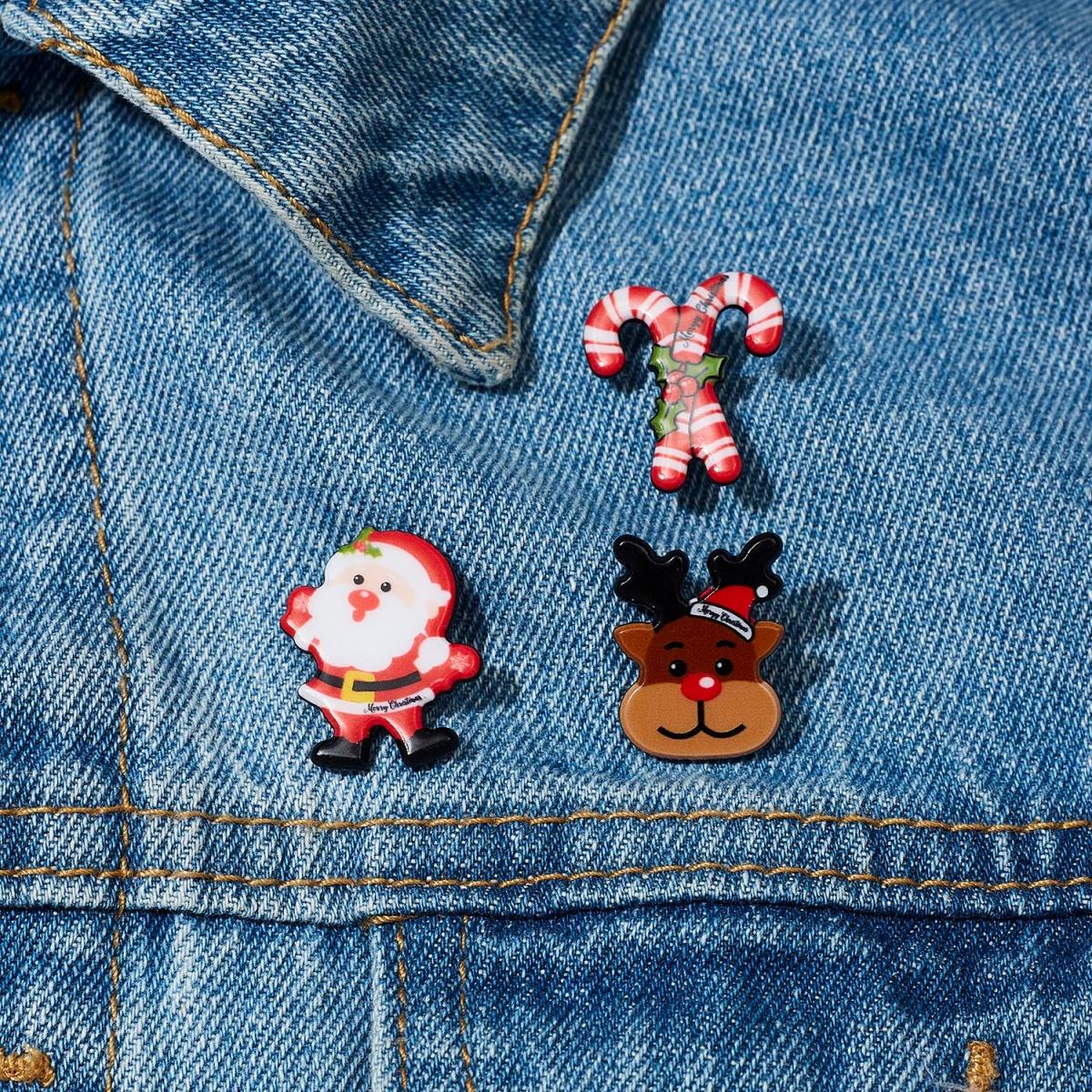 

Christmas Acrylic Santa Claus Cane Deer Brooch Set Resin Snowman Hat Gift Box Gingerbread Gloves Tree Pins Jewelry For Women Men