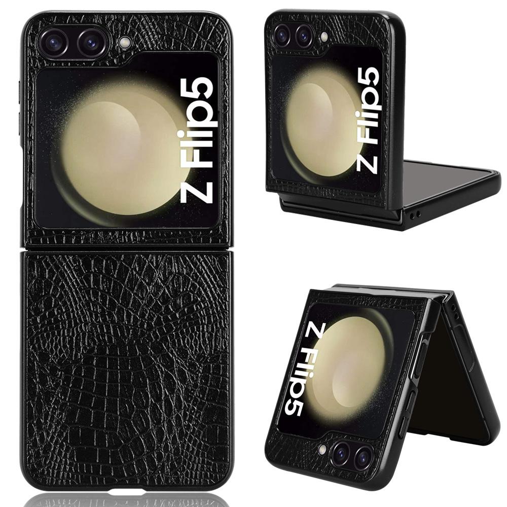 

For Samsung Galaxy Z Flip5 5G Anti-Scratch Crocodile Texture Phone Case PU Leather+PC Cell Phone Cover Black
