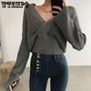 Autumn Winter Women Solid Sweaters Knitted V-neck Cross Wild Fashionable Sexy Pullovers Female Lady Vintage Tops Knitwear