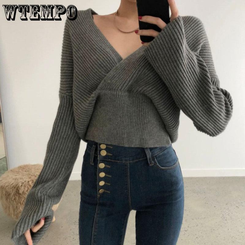 Autumn Winter Women Solid Sweaters Knitted V-neck Cross Wild Fashionable Sexy Pullovers Female Lady Vintage Tops Knitwear