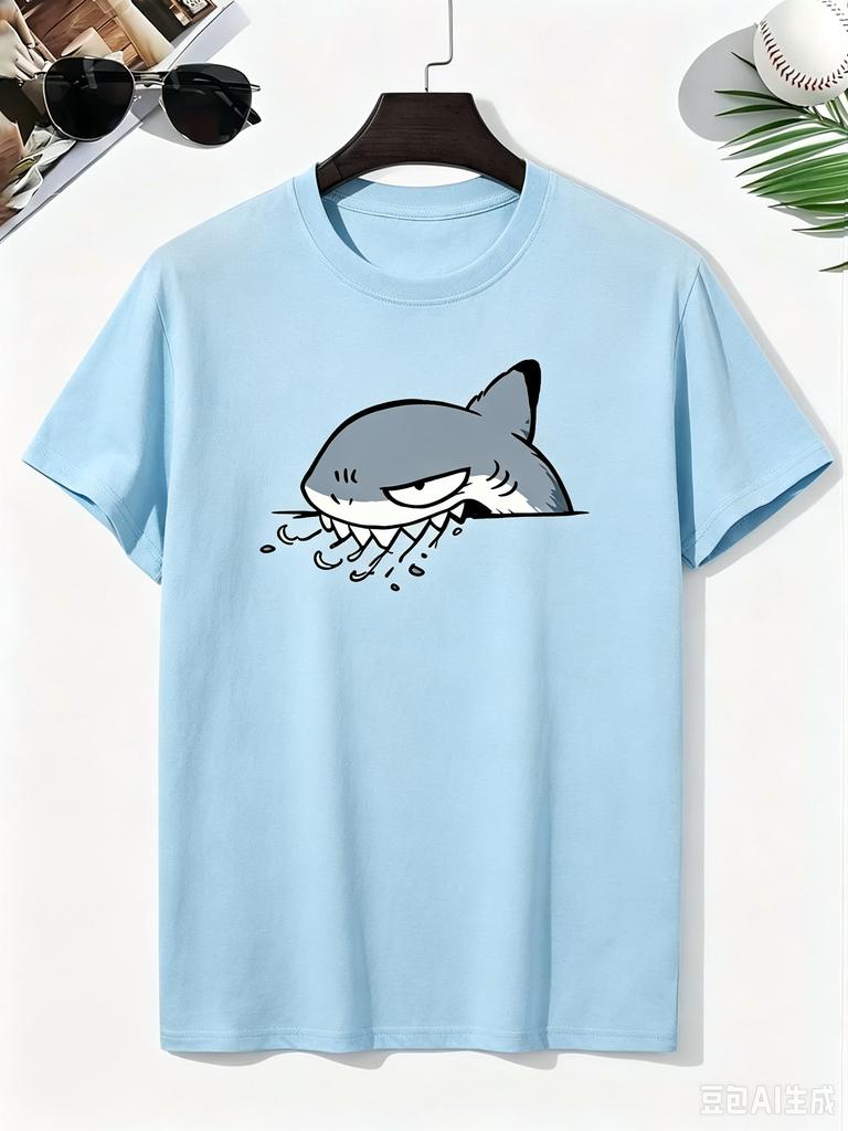 2026 Cartoon Shark Gray Fang Watermark Pure Cotton Boy's T‑shirt Creative Lightweight Comfortable Short Sleeved Kids T‑shirt