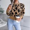 Women Autumn Winter Leopard Print Knitted Crop Sweater Long Sleeve O Neck Nipped Tops Sizes S To L