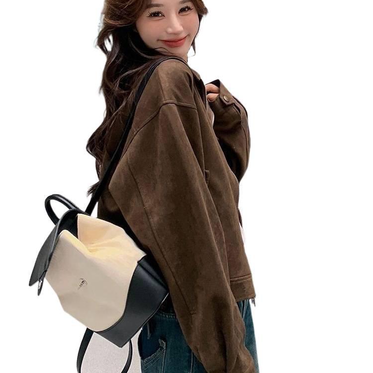 Jachetă scurtă retro pentru femei, maro Melaude din piele întoarsă sintetică, colecția de toamnă 2025