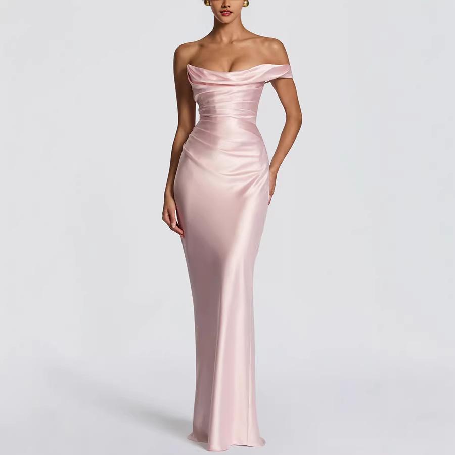 Fashion Women's Satin One Shoulder Long Dress Bandage Pleated Backless Sleeveless Dresses Summer Lady Party Evening Robes new