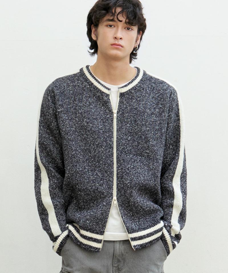 Nod You Varsity Track Line Jacquard Two-Way Heathered Zip-Up Knit Jecket [Charcoal] M