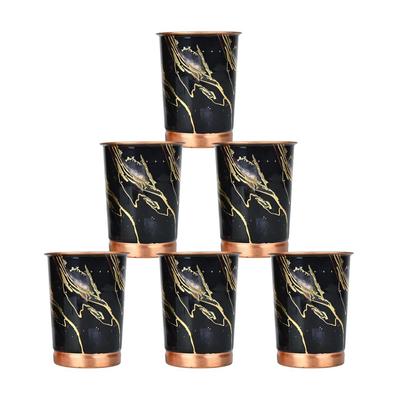 Copper Printed Design 250ML Water Glass with Rust Proof for Home and Office Use Ayurveda and Yoga Health Benefits Glass Set of 6 (Black Marble)