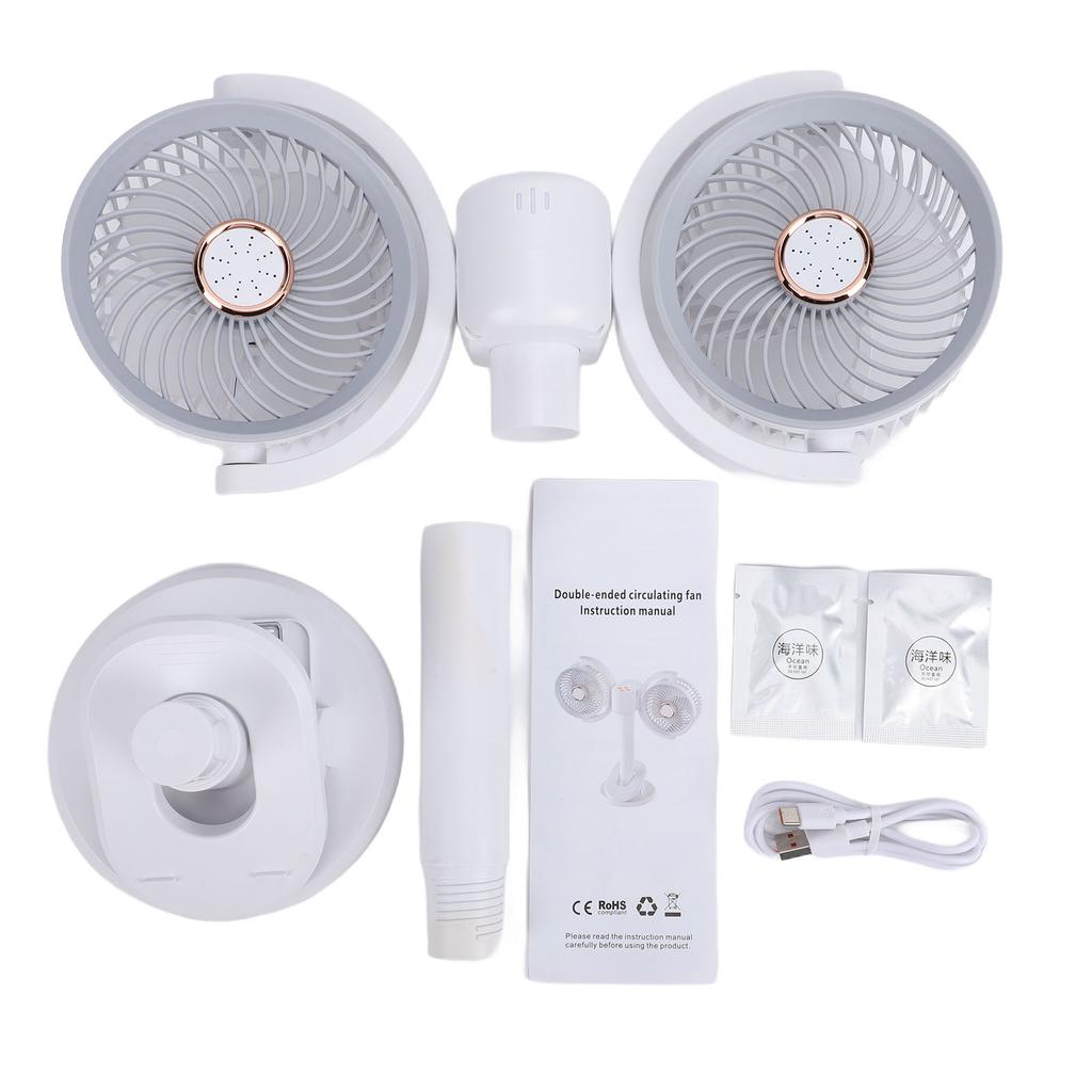 Double Head Clip On Fan Rechargeable Dual Brushless Motor 360 degrees Rotation Desk Cooling Fan with LED Light