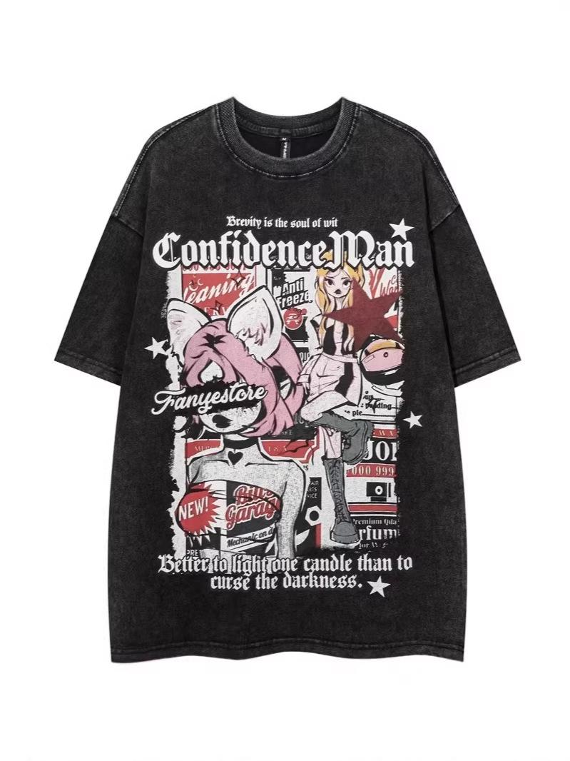 

Retro Trendy Unisex Washed Anime T-shirt - Summer High Street Style, Loose Fit, Pure Cotton, Short Sleeve M мити чорний колір