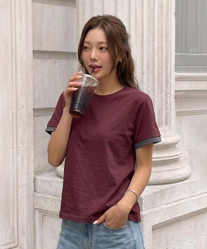 VANNWORKS [Crop] Layered Roll-Up Short Sleeve T-Shirt (Vs0301) Burgundy