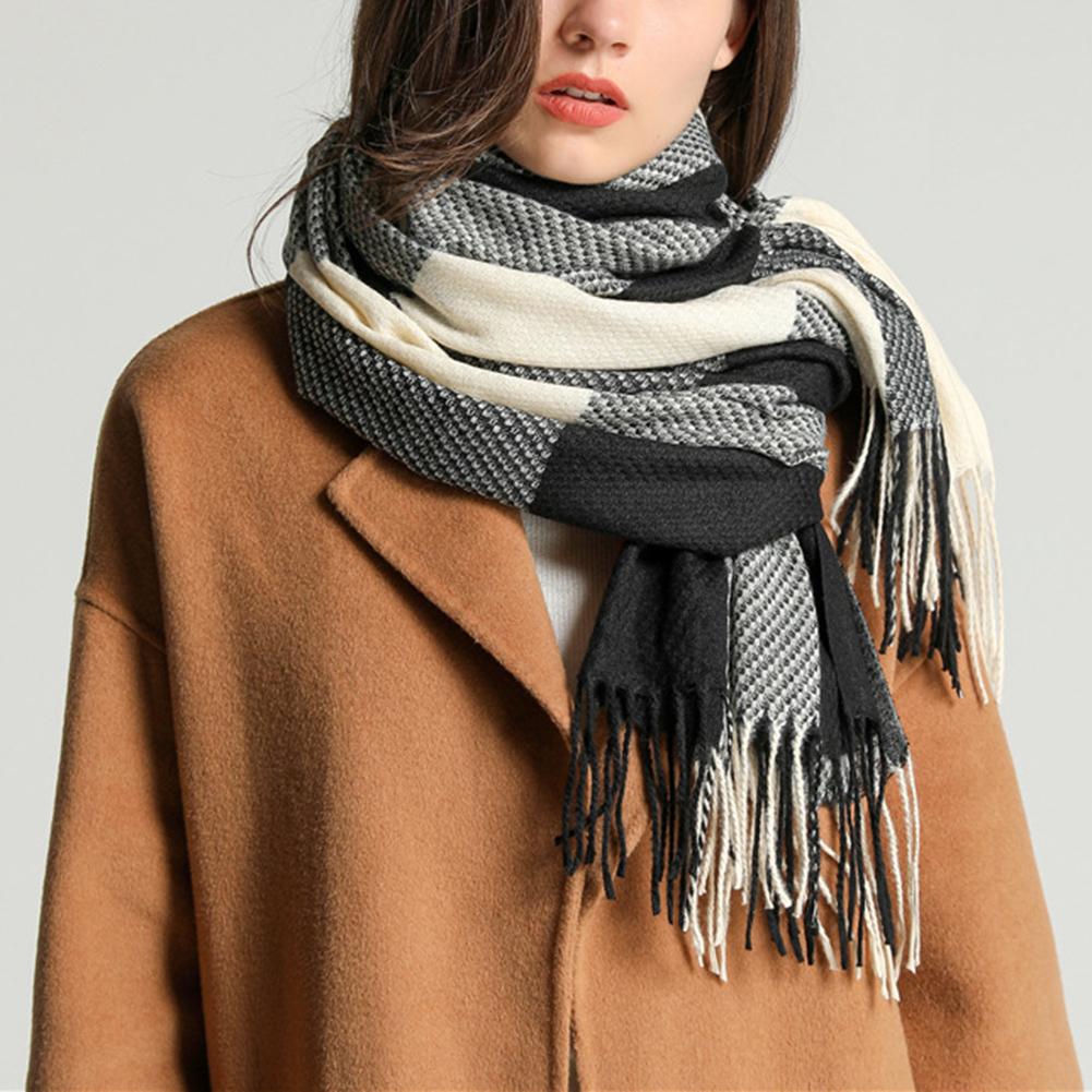 Colorblocking Fringe Soft Scarf Casual Polyester Faux Cashmeres Hundred Tassel Scarf Winter Warm Plaid Scarf Multiple Uses Shawl