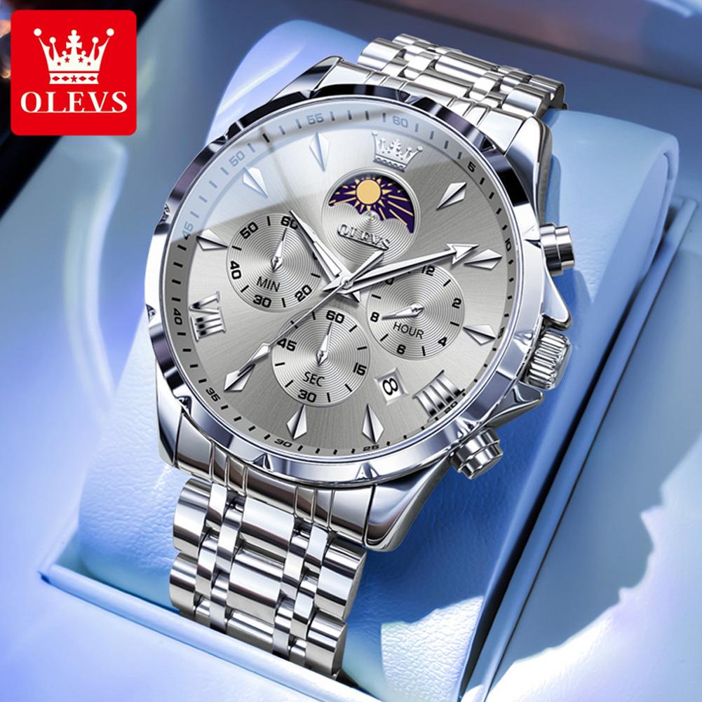 OLEVS Original Men's Watches New 7 Hands Multifunctional Quartz Watch for Men Steel Strap Moon Phase Chrono Waterproof Man Watch