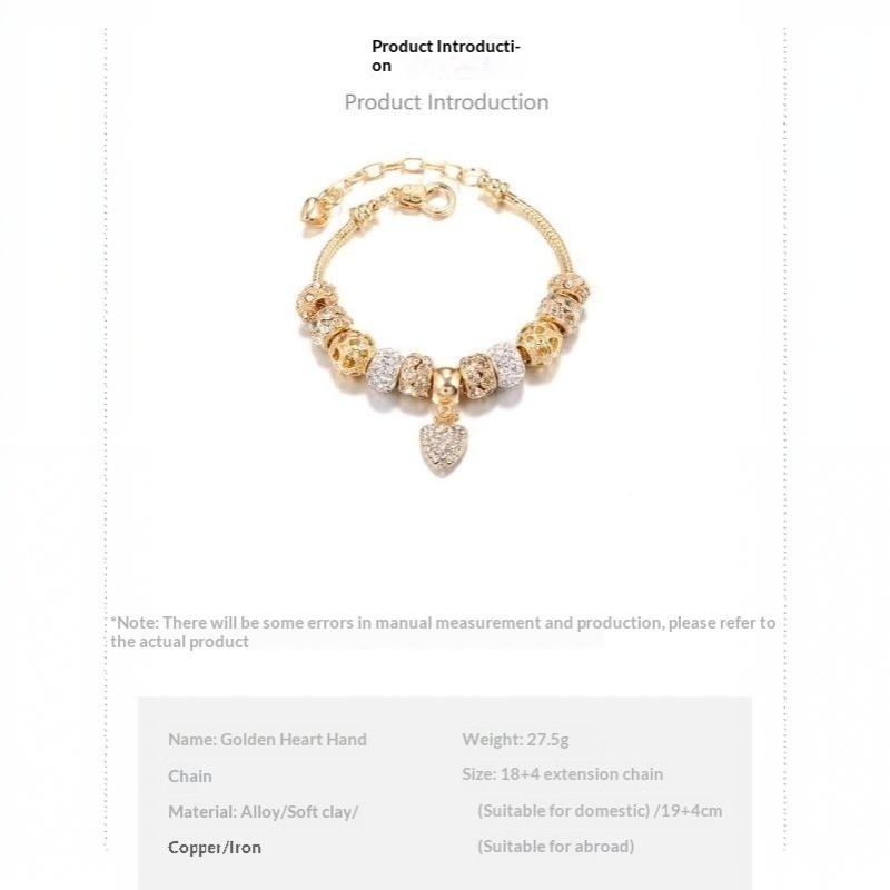 Gold Plated Charm Bracelet Diy Large Hole Beads Bracelet Rhinestone Heart Pendant Adjustable Chain Jewelry For Women Party Gift
