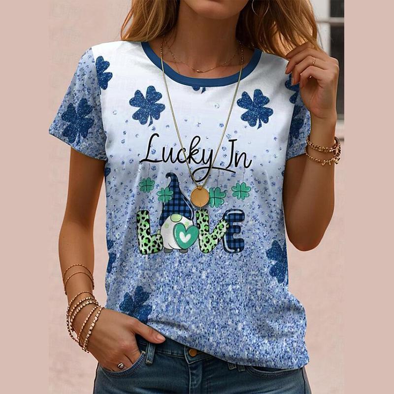 

Женская летняя футболка Синяя футболка с короткими рукавами и принтом клевера Повседневный топ с принтом