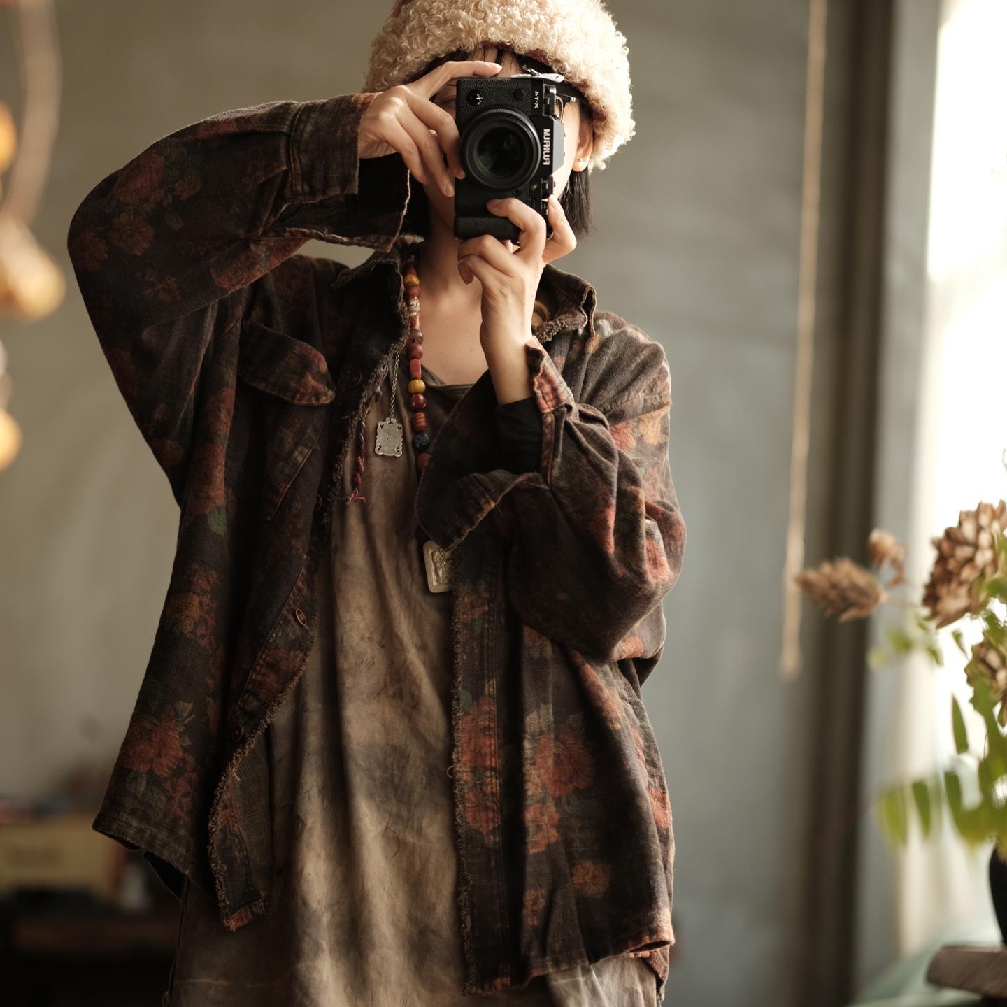 Original Women s Artistic Retro Double-Layer Loose Lapel Patchwork Cardigan Shirt in Black (GMJ960) One Size чёрный