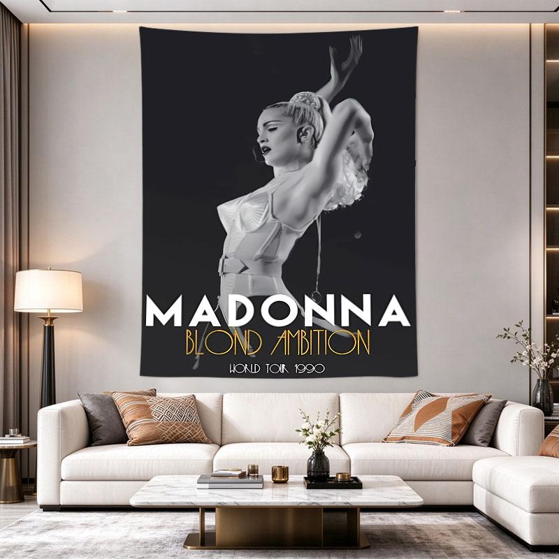Madonna Blond Ambition poster shows her in a white cone-bra corset arms raised, hair in a high bun, 1990 tour type Room Decor Accent