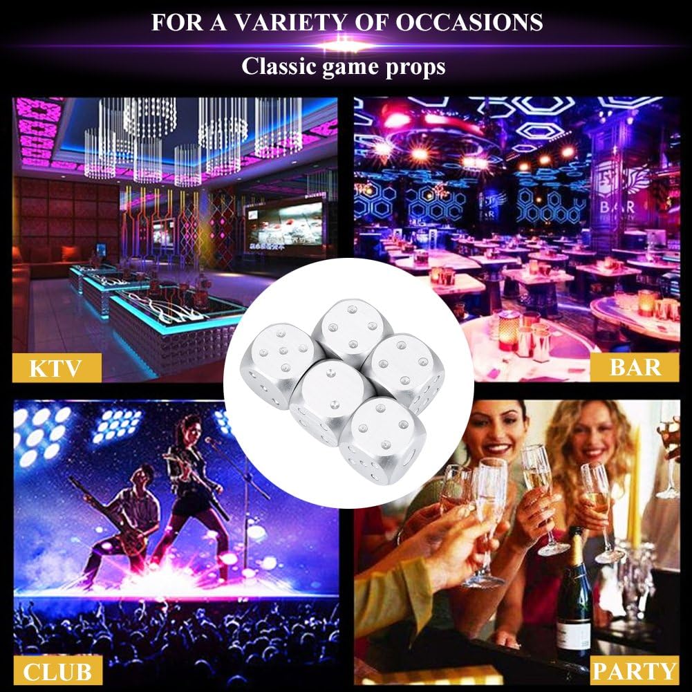 Набор из 5 кубиков из алюминиевого сплава, цельнометаллический набор кубиков для настольных игр, игры в покер, с футляром (Серебряная прямоугольная коробка)