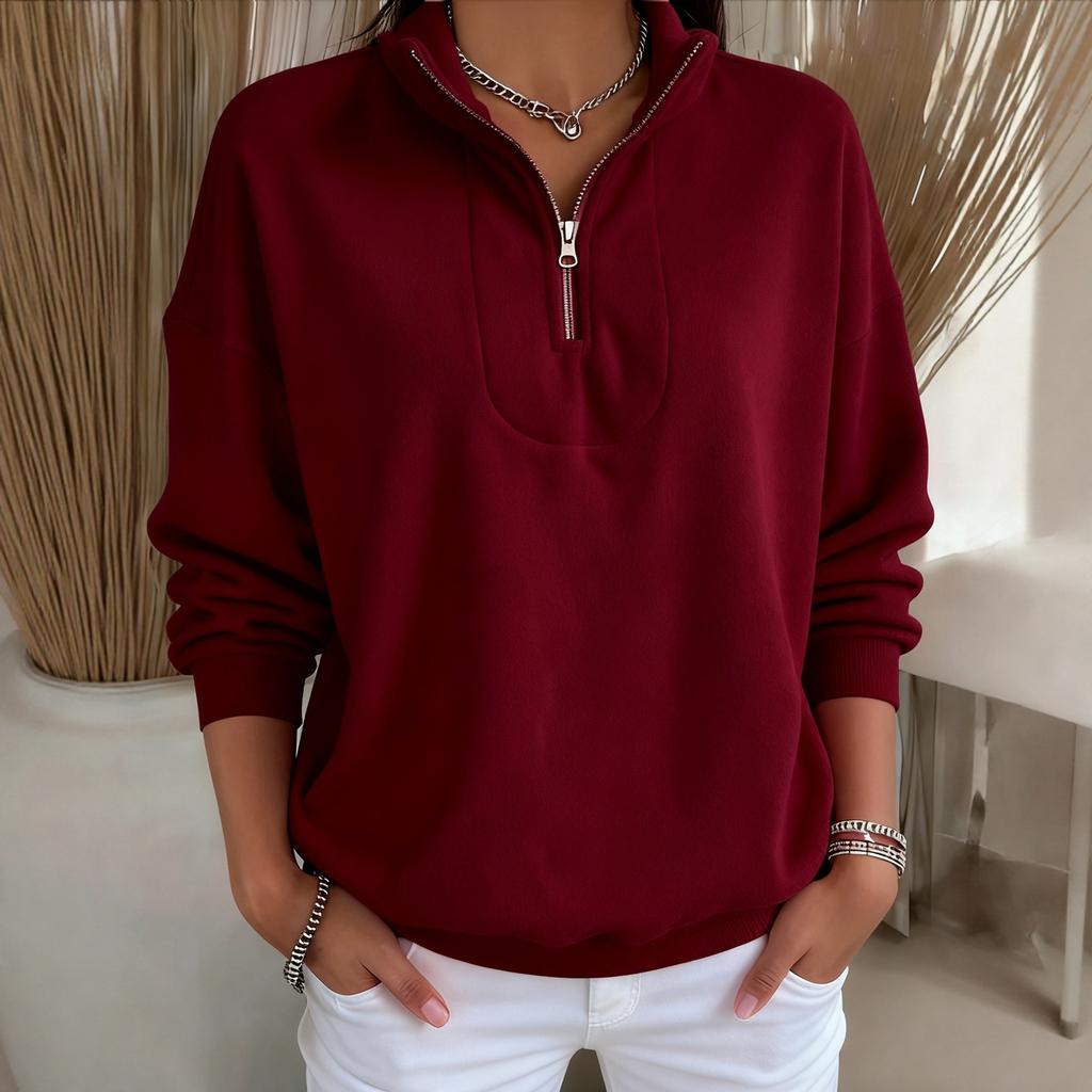 Women's Fashion Fleece-Lined Loose Pullover Solid Color Zipper Long-Sleeve Sweatshirt