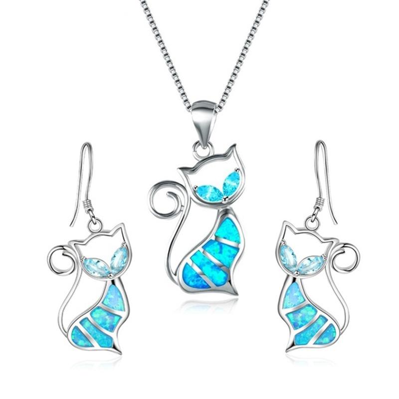 Moda Animal Fofo Conjunto Para Mulheres Imitação Opala de Fogo Azul Pingente Colar Conjunto de Brincos Mulheres Gato Festa de Casamento