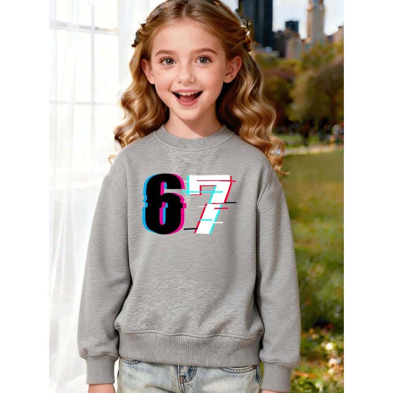 Unisex Kids Red Crewneck Sweatshirt For 4-12 Boys Girls Glitch Neon Pink Cyan Distorted Number 67 Print Soft Fleece Long Sleeve Pullover