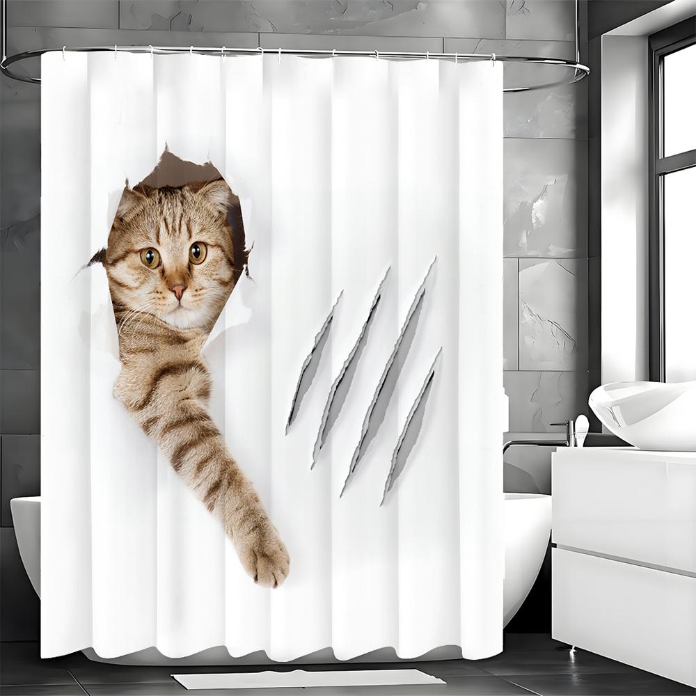 Kociak Wybija Się Ze Ściany Zasłona Prysznicowa z Odciskiem Kociej Łapy, Dekoracyjna Zasłona Prysznicowa do Łazienki, Wodoodporna Zasłona Prysznicowa z H