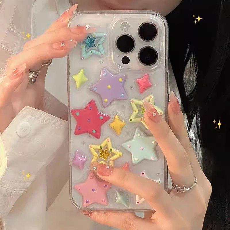 Fashion Dopamine Star Shining Colorful Stars Shell Case For iPhone 17 16 15 12 13 14 Pro Max 11 3D Epoxy Rubber Acrylic Cover