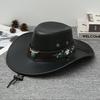 Floral Embroidered Bull Head Rivets Cowgirl Hat Women Retro Wide Brim Western Caps Party Travel Fashion PU Leather Panama Hats