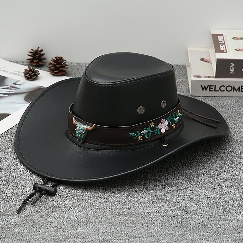Floral Embroidered Bull Head Rivets Cowgirl Hat Women Retro Wide Brim Western Caps Party Travel Fashion PU Leather Panama Hats
