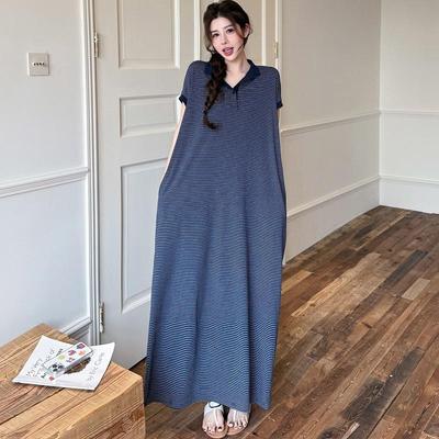 Short Sleeve Plus Size Cotton Vintage Stripe New In Dresses for Women Casual Loose Long Summer Dress