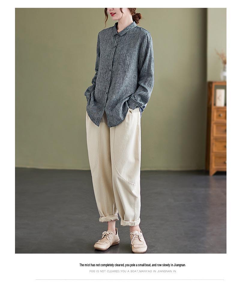 2026 Spring Retro Loose Fit Cotton Linen Lapel Shirt - Women's Plus Size, Long Sleeve